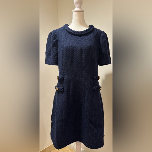 NEW FLORA BEA mini dress in meadowland Navy size LARGE TWEAD -collar round braid - Picture 2 of 8